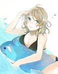  ahoge alice-yuki alternate_costume bare_shoulders bikini black_bikini blue_eyes breasts brown_hair cleavage dolphin dutch_angle inflatable_toy large_breasts looking_at_viewer love_live! love_live!_sunshine!! salute short_hair smile solo swimsuit watanabe_you water_drop 