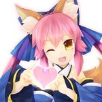  animal_ears bare_shoulders bow breasts cleavage detached_sleeves fate/extra fate_(series) fox_ears fox_tail hair_bow hair_ribbon heart heart_hands japanese_clothes long_hair medium_breasts one_eye_closed open_mouth pink_hair ribbon semi_(delcatty) simple_background solo tail tamamo_(fate)_(all) tamamo_no_mae_(fate) twintails white_background yellow_eyes 