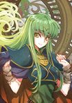  armor c.c. cape circlet code_geass cosplay creayus deedlit deedlit_(cosplay) green_hair long_hair looking_at_viewer record_of_lodoss_war shoulder_armor smile solo yellow_eyes 