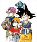  2boys belt black_hair chain dougi dragon_ball dragon_ball_gt fingerless_gloves giru_(dragon_ball) gloves grandfather_and_granddaughter jacket looking_away midriff multiple_boys neckerchief official_art pan_(dragon_ball) purple_hair robot son_gokuu toriyama_akira trunks_(dragon_ball) white_background wristband 