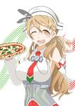  ;d armpits b-man brown_eyes brown_hair food headgear holding_pizza kantai_collection littorio_(kantai_collection) long_hair looking_at_viewer one_eye_closed open_mouth pizza smile solo 