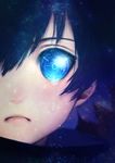  akiki0 blue_eyes blue_hair close-up closed_mouth crying eyes face frown glowing glowing_eyes kekkai_sensen leonardo_watch male_focus out_of_frame solo star_(sky) symbol-shaped_pupils teardrop tears text_focus 