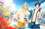  2boys bangs barefoot bikini blonde_hair blue_eyes blue_hair blue_sky bow building cloud collarbone condensation_trail dated day faceless flower food front-tie_top hair_bow hand_on_hip hand_on_own_face hatsune_miku inflatable_toy innertube jacket kagamine_len kagamine_rin kaito lens_flare lifeguard lifeguard_chair long_hair looking_at_viewer low_ponytail male_swimwear megaphone megurine_luka meiko mito_itsuki multiple_boys multiple_girls navel no_nipples one-piece_swimsuit open_clothes open_jacket outdoors outstretched_arm oversized_object palm_tree pants popsicle poster_(object) red_flower shirtless short_hair sitting sky stretch swim_trunks swimsuit swimwear toned toned_male tree twintails unzipped very_long_hair visor_cap vocaloid wading water water_slide waterpark waving white_bikini white_swimsuit zipper 