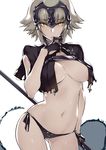  areola_slip areolae armor black_gloves black_panties blonde_hair breasts cleavage contrapposto cowboy_shot fate/grand_order fate_(series) finger_to_mouth gloves hand_to_own_mouth headgear jeanne_d'arc_(alter)_(fate) jeanne_d'arc_(fate)_(all) kurowa large_breasts navel panties parted_lips short_hair side-tie_panties solo standing underboob underwear yellow_eyes 