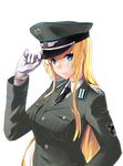  blonde_hair blue_eyes blush breasts gloves hand_on_headwear hat hat_tip highres irisdina_bernhard jewelry large_breasts long_hair looking_at_viewer military military_uniform mizuki_(mizuki_ame) muvluv necklace necktie schwarzesmarken smile solo uniform very_long_hair white_gloves 