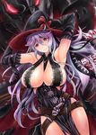  arms_up bare_shoulders belt between_breasts bow breasts buckle cleavage closed_mouth cowboy_shot gloves glowing glowing_eyes granblue_fantasy hair_between_eyes hat hat_bow huge_breasts kimura_neito lace long_hair looking_at_viewer magisa_(granblue_fantasy) monster morax_(granblue_fantasy) purple_hair red_eyes side_slit sleeveless smile solo very_long_hair witch_hat 