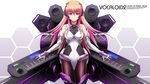  black_legwear blue_eyes bodysuit breasts commentary_request elbow_gloves fingerless_gloves gatakk gloves instrument keyboard_(instrument) long_hair looking_at_viewer medium_breasts megurine_luka pink_hair smile solo speaker synthesizer very_long_hair vocaloid 