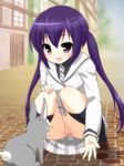  blush gochuumon_wa_usagi_desu_ka? kneehighs loafers long_hair motonaga_hiroya no_panties purple_eyes purple_hair pussy school_uniform shoes skirt smile solo squatting tedeza_rize tedeza_rize's_school_uniform twintails uncensored upskirt wild_geese 