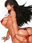  :o ass bikini bikini_pull black_hair bracelet breasts brown_eyes butterfly_tattoo commentary cross cross_necklace dark_skin earrings fumio_(rsqkr) hoop_earrings jewelry large_breasts long_hair looking_at_viewer looking_back mole mole_above_mouth necklace original parted_lips red_bikini sideboob simple_background solo swimsuit tattoo underboob white_background 