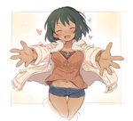 7010 :d ^_^ black_hair blush bracelet breasts cleavage closed_eyes coat dark_skin fur_trim heart idolmaster idolmaster_cinderella_girls jewelry large_breasts natalia_(idolmaster) navel open_clothes open_coat open_mouth outstretched_arms short_hair short_shorts shorts smile solo 