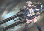  black_legwear black_skirt blue_eyes boots capelet gatling_gun grey_hair gun highres huge_weapon jacket lightning magic multiple_barrel_gun murano_(ursa_polaris) original petticoat pleated_skirt rotary_cannon short_hair skirt solo standing storm_cloud ten_kurairakon_teikoku-gun tenkuu_no_craft_fleet thighhighs weapon zettai_ryouiki 