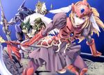  alhazad_(wild_arms) armor armored_dress belselk_(wild_arms) blue_background blue_eyes boots brown_hair cape claws dress elbow_gloves elmina_niet fangs feathers frown gloves helmet holding holding_scythe jewelry kneeling lady_harken long_hair monster official_art ooba_wakako polearm red_armor ribbon scan scan_artifacts scythe simple_background spear tail valkyrie weapon white_hair wild_arms wild_arms_1 zeikfried_(wild_arms) 