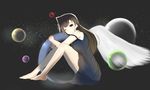  blue_eyes dress full_body highres ivy_(3374298) long_hair looking_at_viewer meitantei_conan mouri_ran one_eye_closed planet sitting smile solo space star wings 