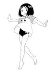  barefoot blush character_request copyright_request full_body greyscale monochrome ookamiuo open_mouth outstretched_wrists raglan_sleeves shirt short_hair simple_background solo t-shirt white_background 