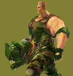  1boy aliens aliens_vs_predator arm_cannon belt bengus blonde_hair cable camouflage capcom colonial_marine cyborg dutch_schaefer elbow_pads fingerless_gloves gloves knee_pads male_focus manly muscle realistic science_fiction short_hair soldier solo tank_top tube weapon 