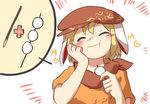  animal_ears blonde_hair bunny_ears closed_eyes commentary dango eating flat_cap floppy_ears food hat kapiten70 mg_mg orange_shirt pocky ringo_(touhou) scarf shirt skewer smile solo thought_bubble touhou wagashi 