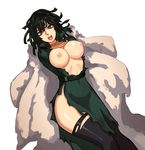 arms_behind_back bdsm black_hair black_legwear bondage bound bound_arms breasts cleavage dress fubuki_(one-punch_man) fur_coat green_dress green_eyes large_breasts looking_at_viewer nipples one-punch_man open_mouth ring_necklace shanabi short_hair side_slit simple_background solo teeth thighhighs torn_clothes white_background 