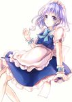  absurdres apron blue_dress blue_eyes braid dress highres izayoi_sakuya kashiwagi_chisame looking_at_viewer maid maid_headdress puffy_short_sleeves puffy_sleeves shirt short_sleeves silver_hair solo touhou twin_braids waist_apron wrist_cuffs 