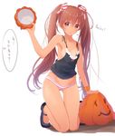  brown_hair downscaled halloween_costume kantai_collection libeccio_(kantai_collection) md5_mismatch panties partially_translated pumpkin resized solo striped striped_panties tebi_(tbd11) translation_request twintails underwear 