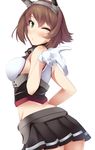  ;o ass bare_arms belt black_skirt blush brown_hair choker cowboy_shot gloves green_eyes headgear highres kantai_collection mutsu_(kantai_collection) nksk one_eye_closed pleated_skirt pointing simple_background skirt solo white_background white_gloves 