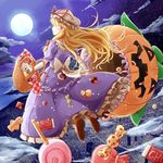  blonde_hair bow candy dress food gap gloves hair_bow halloween hat jack-o'-lantern long_hair moon night purple_eyes ribbon smile solo tamasan touhou yakumo_yukari 