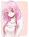  breasts cleavage cleavage_cutout guilty_crown hair_ornament hairclip long_hair looking_at_viewer lowres meme_attire open-chest_sweater pink_hair red_eyes ribbed_sweater small_breasts solo sweater turtleneck twintails yoma yuzuriha_inori 