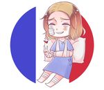  axis_powers_hetalia bandage_on_face bandages blonde_hair cast closed_eyes commentary facial_hair france france_(hetalia) french_flag heart highres injury male_focus malikui open_mouth pillow smile solo v 