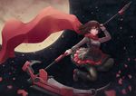  alternate_costume belt_boots black_footwear black_legwear boots brown_hair cape frills full_moon knee_boots laces moon pantyhose petals red_cape red_hood rose_petals ruby_rose rwby scythe short_hair silver_eyes skirt solo star willgoon 