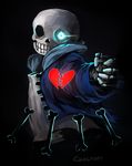  artist_name black_background bone broken_heart gameplay_mechanics glowing glowing_eye hood hoodie male_focus sans skeleton solo spoilers undertale yowamushi-chan_(choctopi) 