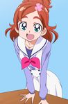  :d blue_background go!_princess_precure hair_ornament haruno_haruka looking_at_viewer manji_(tenketsu) noble_academy_school_uniform open_mouth precure red_hair school_uniform short_hair simple_background sketch skirt smile solo white_skirt 