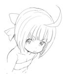  :t ahoge bandeau bangs bare_shoulders battle_spirits battle_spirits:_burning_soul bikini blunt_bangs bob_cut bow dutch_angle flat_chest from_above greyscale hair_bow looking_at_viewer midoriyama_okuni monochrome ookamiuo pout short_hair simple_background sketch solo swimsuit upper_body 