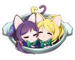  :3 animal_ears ayase_eli bangs blazer blonde_hair blush bow bowtie cat_ears cat_tail chibi closed_eyes hair_ornament hair_scrunchie head_to_head heart_tail_duo in_container jacket kemonomimi_mode long_hair long_sleeves love_live! love_live!_school_idol_project multiple_girls neko_nabe ng_(kimjae737) otonokizaka_school_uniform plaid plaid_skirt ponytail purple_hair school_uniform scrunchie simple_background skirt sleeping smile striped striped_bow striped_neckwear swept_bangs tail toujou_nozomi twintails white_background yuri 