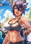  :d abs aircraft airplane armpits artist_name bare_arms bikini blonde_hair blue_sky breasts brown_eyes character_name cleavage cloud collarbone covered_nipples cowboy_shot cruiser day eyepatch glint hair_between_eyes hairband headgear kantai_collection large_breasts looking_to_the_side machinery mechanical_halo military military_vehicle multiple_girls navel neckerchief open_mouth outdoors outstretched_arms patreon_logo purple_hair school_uniform serafuku shimakaze_(kantai_collection) ship short_hair signature skindentation sky smile standing standing_on_liquid swimsuit tatsuta_(kantai_collection) tenryuu_(kantai_collection) toned warship water watercraft watermark white_bikini zen_(jirakun) 
