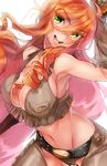 ahoge armpits bare_shoulders blush breasts chaps cleavage freckles fringe_trim gloves green_eyes large_breasts long_hair looking_at_viewer midriff naso4 navel open_mouth orange_hair original sideboob simple_background sketch smile solo western white_background 