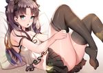  adjusting_clothes adjusting_legwear bangs bare_shoulders black_bow black_hair black_legwear black_skirt blue_eyes bow fate/stay_night fate_(series) ganik hair_bow legs_up long_hair looking_at_viewer lying midriff miniskirt no_shoes on_back parted_bangs pillow pleated_skirt purple_hair skirt sleeveless solo strap_slip thighhighs toosaka_rin two_side_up upskirt 