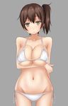  ass_visible_through_thighs bad_id bad_pixiv_id bikini breasts brown_hair collarbone kaga_(kantai_collection) kantai_collection large_breasts navel side_ponytail solo standing stomach swimsuit terakoya yellow_eyes 