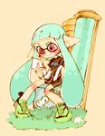  absurdres bike_shorts domino_mask dynamo_roller_(splatoon) earphones grass highres inkling long_hair mask paint_roller phone pointy_ears splatoon_(series) splatoon_1 stuffed_animal stuffed_toy tentacle_hair yuki_(yuki_usa1111) 