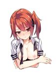  bad_id bad_pixiv_id blush breasts hair_ribbon kuro_(kuronell) medium_breasts open_clothes open_shirt orange_hair original red_eyes ribbon shirt side_ponytail simple_background solo tears upper_body white_background 