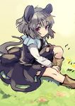  animal_ears boots dress grey_dress grey_hair long_sleeves looking_at_viewer mouse_ears mouse_tail nazrin open_mouth red_eyes sitting solo tail tomobe_kinuko touhou 