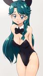  animal_ears arms_behind_back blue_eyes blue_hair bow bowtie braid breasts bunny_ears bunnysuit cleavage detached_collar go!_princess_precure grey_background kaidou_minami large_breasts long_hair manji_(tenketsu) precure solo wrist_cuffs 