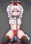  animal_ears arms_up bdsm black_legwear bondage bound bound_wrists breasts chair collar detached_sleeves expressionless fundoshi hat highres inubashiri_momiji japanese_clothes large_breasts navel pom_pom_(clothes) red_eyes ribbon-trimmed_sleeves ribbon_trim sarashi shaded_face shirt_lift short_hair simple_background solo stocks tabi tail thighhighs tokin_hat tonbo_(11023) touhou undone_sarashi wolf_ears wolf_tail 