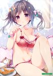  :&lt; absurdres banned_artist bikini blush breasts brown_hair cat cleavage food frilled_bikini frills fruit hair_ornament hairclip highres indoors konomi_(kino_konomi) large_breasts leg_up looking_at_viewer melon melonbooks navel open_mouth pink_bikini plaid plaid_bikini popsicle purple_eyes scan scrunchie short_twintails sitting solo strap_slip swimsuit triangle_mouth twintails wrist_scrunchie 