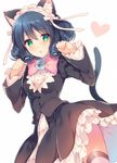  animal_ears bell black_hair blush cat_ears cat_tail chestnut_mouth curly_hair cyan_(show_by_rock!!) gothic_lolita green_eyes heart jingle_bell lolita_fashion looking_at_viewer mayachi_(amuriya) md5_mismatch open_mouth paw_pose ringlets show_by_rock!! simple_background solo tail thighhighs upskirt white_background 