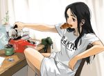  akai_sashimi bag black_eyes black_hair book carrot chair coffee croissant crossed_legs cup curtains eraser food food_in_mouth kettle long_hair mouth_hold mug original overflow paper plant revision shirt sitting solo steam t-shirt table vise 