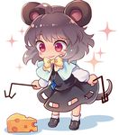  animal_ears bow cheese chibi dowsing_rod dress food gem grey_dress grey_hair jewelry long_sleeves looking_at_viewer mouse_ears mouse_tail nazrin necklace pendant red_eyes shirt smile solo sparkle tail tomobe_kinuko touhou 