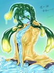  ahoge bad_id bad_pixiv_id blue_skin breasts commentary_request goo_girl green_eyes green_hair highres kaname_(t-to-fu) large_breasts long_hair monster_girl monster_musume_no_iru_nichijou smile solo suu_(monster_musume) tentacle_hair very_long_hair 