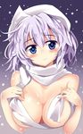  blue_eyes blush breasts hat jpeg_artifacts large_breasts lavender_hair letty_whiterock looking_at_viewer maturiuta_sorato naked_scarf nude scarf smile solo touhou upper_body 