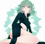  ass aura breasts circle covered_nipples curly_hair dress expressionless green_dress green_eyes green_hair himegami kneeling legs looking_at_viewer looking_to_the_side one-punch_man shiny shiny_hair shiny_skin short_hair simple_background small_breasts solo symbol-shaped_pupils tatsumaki thighs white_background 