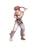  3: bare_shoulders barefoot brown_hair closed_eyes clothes_writing collarbone cosplay crossed_arms dougi fingerless_gloves fingernails full_body game_cg gloves gran_(granblue_fantasy) granblue_fantasy headband karate_gi male_focus minaba_hideo muscle official_art pants red_gloves ryuu_(street_fighter) ryuu_(street_fighter)_(cosplay) solo standing street_fighter toenails torn_clothes transparent_background v-shaped_eyebrows white_pants 