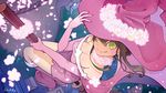  boots breasts broom broom_riding brown_hair cleavage elbow_gloves flower flying from_above gloves green_eyes hat looking_at_viewer looking_up medium_breasts outdoors petals pink_footwear pink_gloves pink_hat smile solo ukke v_lila_f witch_hat yozakura_quartet 